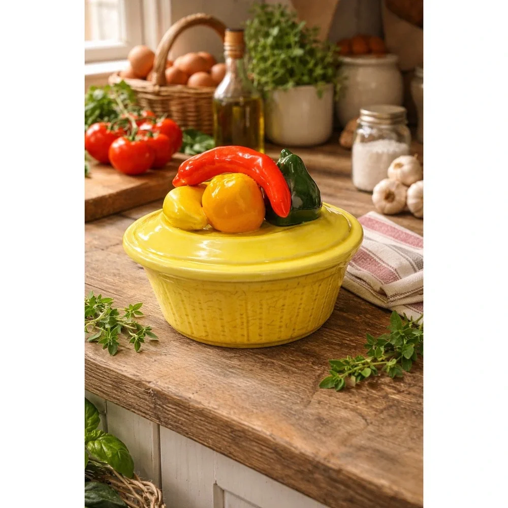 Vintage decor Yellow Ceramic Basketweave Lidded Bowl Vegetable‎ Top 6in cottage